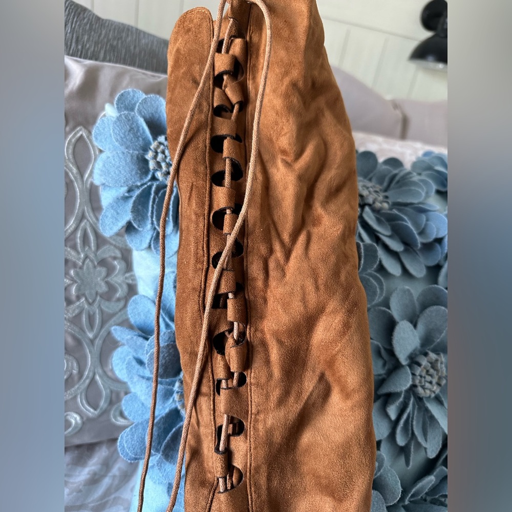Boho camel color tie up knee length low heel boot